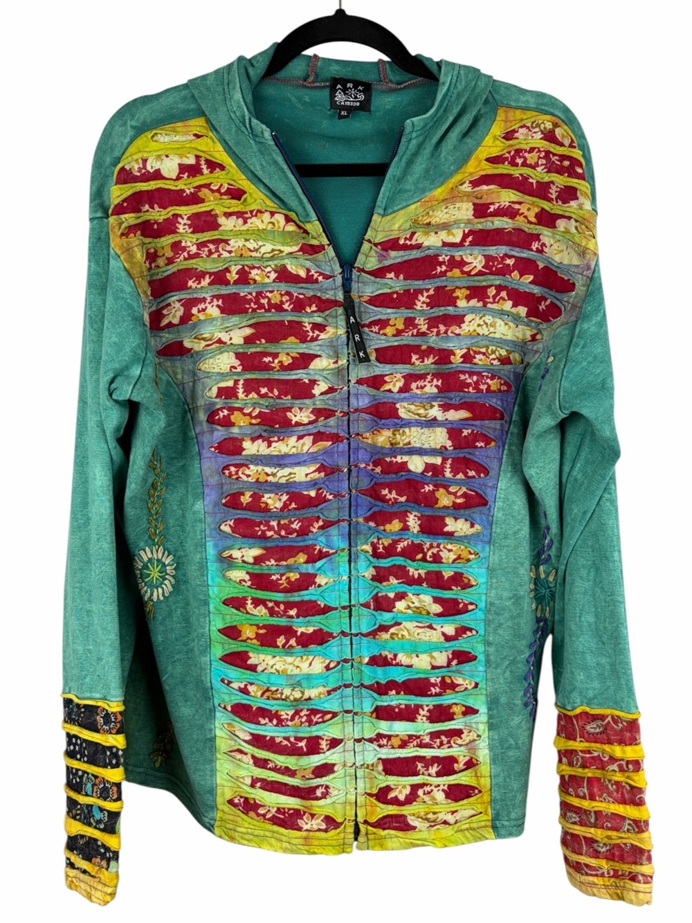 ARK Imports XL Teal Patchwork Embroidered Zip Hoodie Boho Nepal